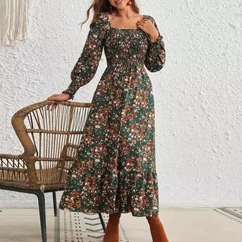 Женское платье с цветочным принтом, квадратным вырезом, длинными рукавами и оборкой по низу M зелёный