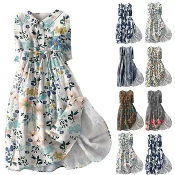 Женское платье с цветочным принтом, лацканами, пуговицами, рукавами три четверти и бретелями L серый