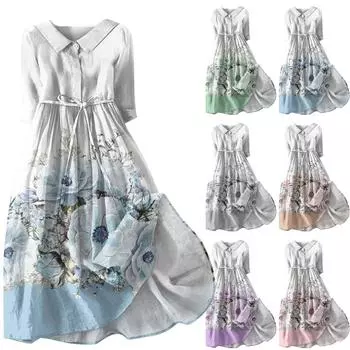 Женское платье с цветочным принтом, лацканами, пуговицами, рукавами три четверти и ремешками L синий