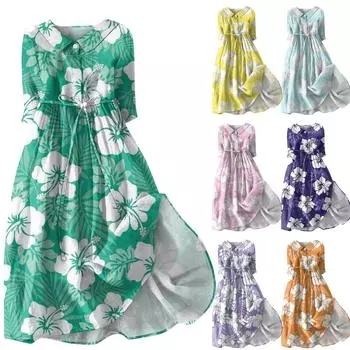 Женское платье с цветочным принтом, лацканами, пуговицами, рукавами три четверти и ремешками L циан