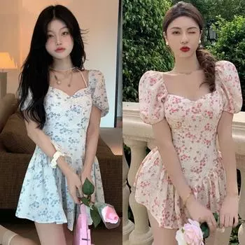 Женское платье с цветочным принтом, летнее короткое платье с высокой талией, платье с рукавами-фонариками S