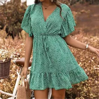 Женское платье с цветочным принтом, летнее модное сексуальное платье с глубоким V-образным вырезом и коротким рукавом, вечерние платья S зелёный