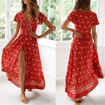 Женское платье с цветочным принтом, лето 2022, модное повседневное платье с коротким рукавом, сексуальное вечернее платье S красный
