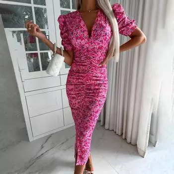 Женское платье с цветочным принтом на лето, тонкая юбка с короткими рукавами и высокой талией, корейская модная женская одежда, пляжная одежда для отдыха S белый