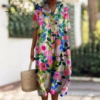 Женское платье с цветочным принтом, платье с коротким рукавом и v-образным вырезом, летнее повседневное платье трапециевидной формы, пуловеры в богемном стиле, платье для вечеринки, повседневная одежда, отпуск 2XL бежевый