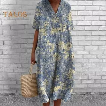 Женское платье с цветочным принтом, платье с коротким рукавом и v-образным вырезом, летнее повседневное платье трапециевидной формы, пуловеры в богемном стиле, платье для вечеринки, повседневная одежда, отпуск S красный