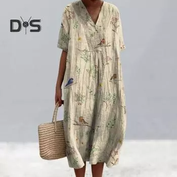 Женское платье с цветочным принтом, платье с коротким рукавом и v-образным вырезом, летнее повседневное платье трапециевидной формы, пуловеры в богемном стиле, платье для вечеринки, повседневная одежда, отпуск 2XL бежевый