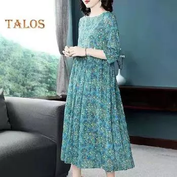 Женское платье с цветочным принтом, плиссированное трапециевидной формы, большой подол, половина рукава, круглый вырез, средняя талия, большие размеры, длина до середины икры, платье миди для свиданий и поездок на работу XL синий