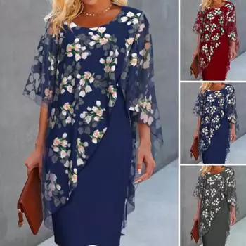 Женское платье с цветочным принтом, поддельное двухсекционное платье нерегулярной формы с круглым вырезом, шифоновое лоскутное платье с половиной рукава, OL, официальное вечернее платье миди для выпускного вечера L зелёный