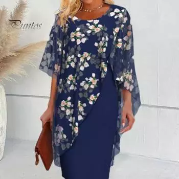 Женское платье с цветочным принтом, поддельное двухсекционное платье нерегулярной формы с круглым вырезом, шифоновое лоскутное платье с половиной рукава, OL, официальное вечернее платье миди для выпускного вечера L зелёный