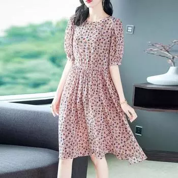 Женское платье с цветочным принтом, с круглым вырезом и коротким рукавом, на талии, с узким свободным подолом, повседневное пляжное платье длиной до колена, тонкое летнее платье XL розовый