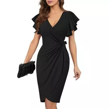 Женское платье с цветочным принтом, сексуальное V-образное декольте, рукава с оборками, имитация запаха, присборенное платье-бодикон L чёрный