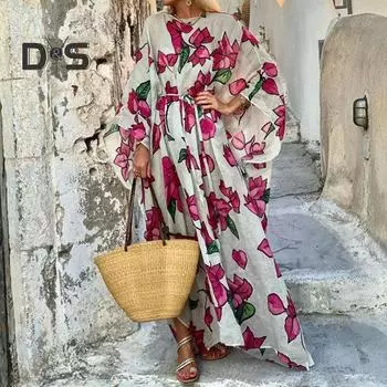 Женское платье с цветочным принтом, свободного покроя, со шнуровкой, узкой талией, свободными рукавами «летучая мышь», круглым вырезом, широким подолом, длинной юбкой-макси для отпуска XL розы красного