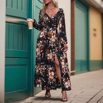 Женское платье с цветочным принтом, V-образным вырезом и длинными рукавами M чёрный