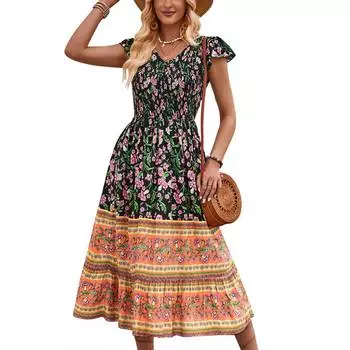 Женское платье с цветочным принтом, V-образным вырезом, рукавами-крылышками, эластичным лифом и высокой талией, летнее струящееся платье для XL синий