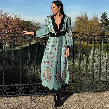 Женское платье с цветочным принтом в стиле ретро в европейском стиле с глубоким V-образным вырезом и рукавами-фонариками, платья с открытой спиной, облегающее повседневное длинное платье, весна-лето, новая мода S