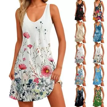 Женское платье с цветочным принтом, жилет, юбка с карманами, пляжная юбка, жилет с V-образным вырезом, юбка L бежевый