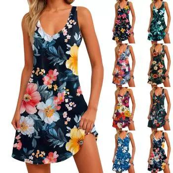 Женское платье с цветочным принтом, жилет, юбка с карманами, пляжная юбка, жилет с V-образным вырезом, юбка XXL