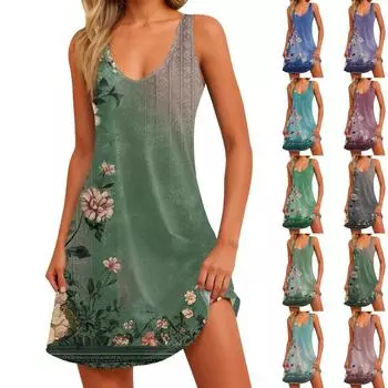 Женское платье с цветочным принтом, жилет, юбка с карманами, пляжная юбка, жилет с V-образным вырезом, юбка XXL синий