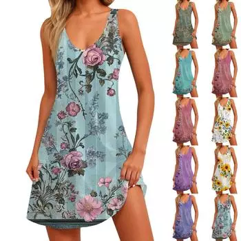Женское платье с цветочным принтом, жилет, юбка с карманами, пляжная юбка, жилет с V-образным вырезом, юбка L