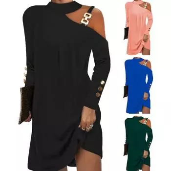 Женское платье с декором-цепочкой на одно плечо и длинным рукавом, однотонное, свободное, с бретелькой на шее, мягкое дышащее мини-платье длиной выше колена S зелёный