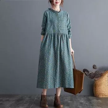 Женское платье миди с длинными рукавами из хлопка (лён) цветочный принт большие размеры M синий