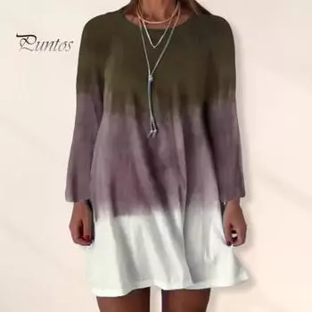 Женское платье с длинным рукавом, цветное градиентное платье с принтом, свободный крой, круглый вырез, платье-пуловер для повседневных рабочих вечеринок S фиолетовый