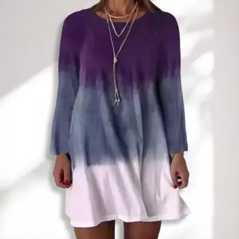 Женское платье с длинным рукавом, цветное градиентное платье с принтом, свободный крой, круглый вырез, платье-пуловер для повседневных рабочих вечеринок S фиолетовый