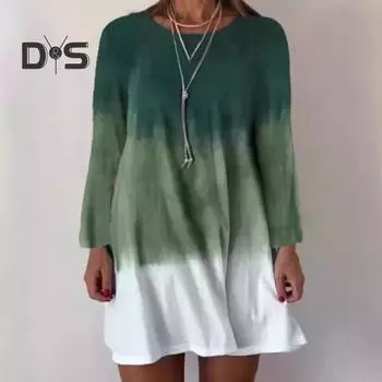 Женское платье с длинным рукавом, цветное градиентное платье с принтом, свободный крой, круглый вырез, платье-пуловер для повседневных рабочих вечеринок S зелёный