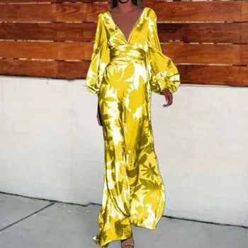 Женское платье с длинным рукавом-фонариком, глубокий V-образный вырез, высокая талия, контрастный цвет, цветочный принт, большой подол, платье для выпускного, банкета, коктейля, макси XL светло-синий