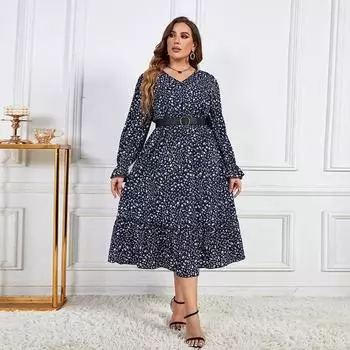 Женское платье с длинным рукавом и v-образным вырезом с цветочным принтом и высокой талией, тонкое, удобное и дышащее длинное платье, модное повседневное пляжное платье больших размеров XL синий