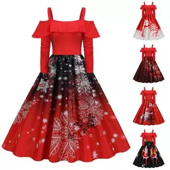 Женское платье с длинным рукавом и рюшами без бретелек с рождественским принтом и большим подолом XXXL чёрный