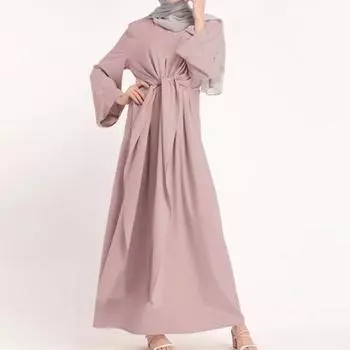 Женское платье с длинным рукавом и круглым вырезом, однотонное, с большим подолом, свободное, макси M хаки