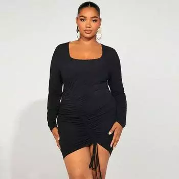 Женское платье с длинным рукавом и квадратным воротником, тонкое сексуальное платье на бедрах, темпераментное модное платье больших размеров, дизайн на шнурке XL чёрный