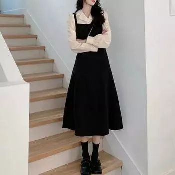 Женское платье с длинным рукавом и поддельными двумя подтяжками, утягивающее платье в стиле Хепберн M чёрный