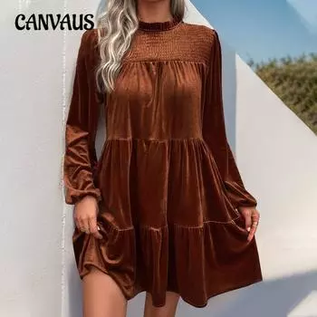 Женское платье с длинным рукавом, однотонное бархатное, темпераментное, элегантное платье S коричневый