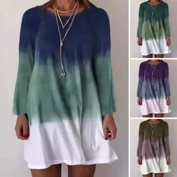 Женское платье с длинным рукавом, платье с принтом в градиентных тонах, свободный крой, круглый вырез, пуловер S фиолетовый