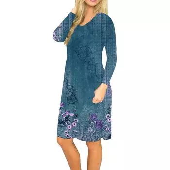 Женское платье с длинным рукавом, плиссированное, свободное, повседневное платье с карманами, платья длиной до колена L синий