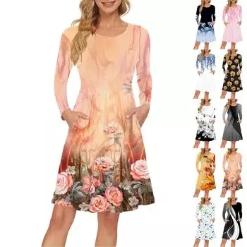 Женское платье с длинным рукавом, плиссированное, свободное, повседневное платье с карманами, платья длиной до колена L бежевый