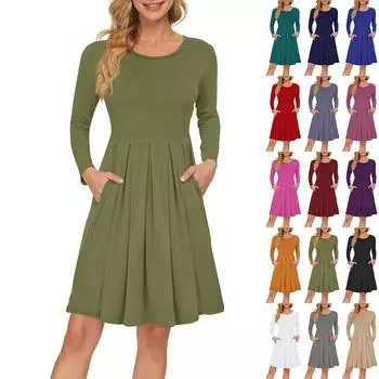 Женское платье с длинным рукавом, плиссированное, свободное, повседневное платье с карманами, платья длиной до колена L чёрный