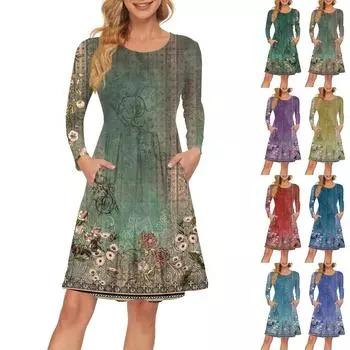 Женское платье с длинным рукавом, плиссированное, свободное, повседневное платье с карманами, платья длиной до колена L синий