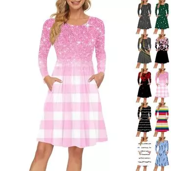 Женское платье с длинным рукавом, плиссированное, свободное, повседневное платье с карманами, платья длиной до колена L чёрный