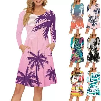 Женское платье с длинным рукавом, плиссированное, свободное, повседневное платье с карманами, платья длиной до колена L синий