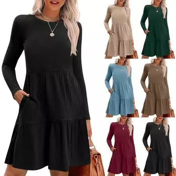 Женское платье с длинным рукавом, повседневное, трикотажное, с круглым вырезом, длиной до колена, с карманами L