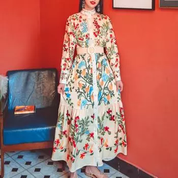 Женское платье с длинным рукавом, праздничная одежда, изысканный стиль, популярное винтажное платье с цветочным принтом, вечерняя одежда, женская одежда L абрикосовый