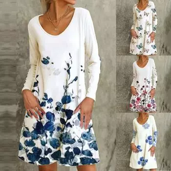 Женское платье с длинным рукавом с цветочным принтом и карманом с V-образным вырезом, женское повседневное платье XL синий