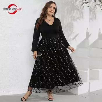 Женское платье с длинным рукавом, весенние женские длинные платья, осеннее повседневное платье макси, черные платья с v-образным вырезом, большие размеры XL чёрный