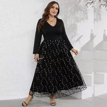 Женское платье с длинным рукавом, весенние женские длинные платья, осеннее повседневное платье макси, черные платья с v-образным вырезом, большие размеры XL чёрный
