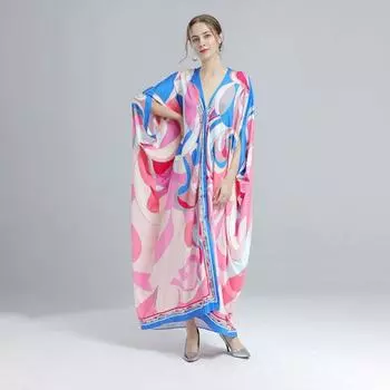 Женское платье с длинными рукавами, богемный стиль, многоцветный принт, V-образный вырез, рукав «летучая мышь», платья большого размера, шелковистая летняя одежда S розовый