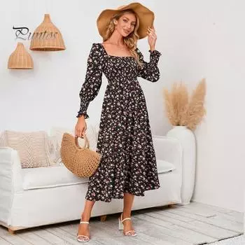 Женское платье с длинными рукавами, цветочным принтом, А-силуэтом, квадратным вырезом, миди-платьем, эластичным бюстом, открытой спиной, плиссированным подолом, весна-осень S темно-синий